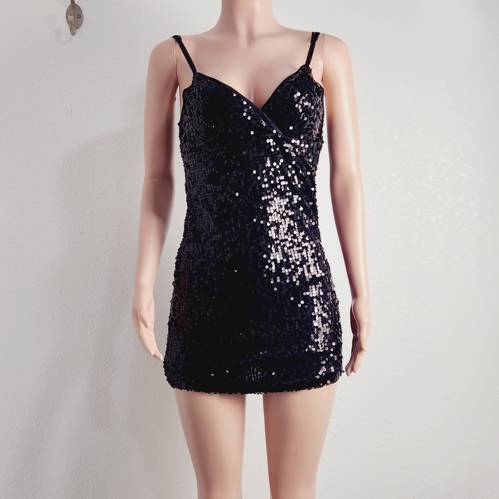 𝅺Poetry Clothing Black Sequins Strapless Sexy Party Mini Dress Size: M